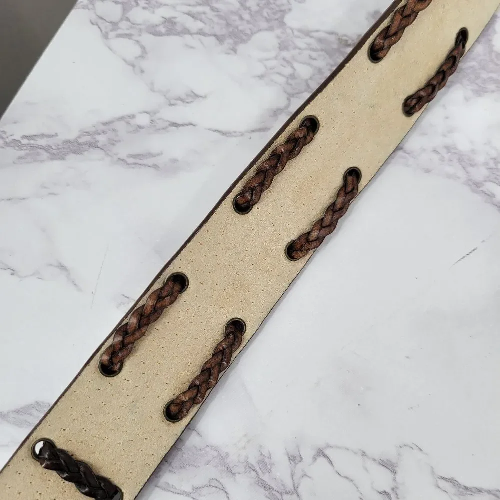 Brown Bonded Leather Belt with Brass Buckle Braided X Design Western